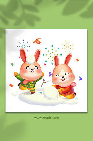 喜庆春节堆雪人兔年新年插画素材