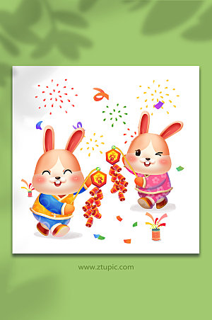 欢乐春节点鞭炮拜年兔年新年插画
