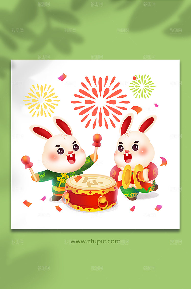 新春拜年打鼓烟花兔年新年插画素材