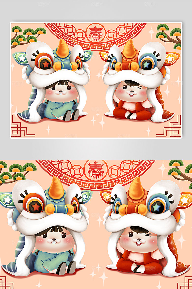 手绘舞狮舞龙福娃兔子生肖兔年新年插画