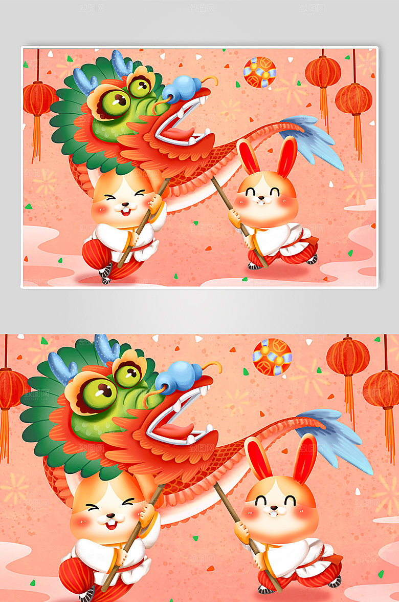 喜庆舞狮舞龙闹春节兔子兔年新年插画