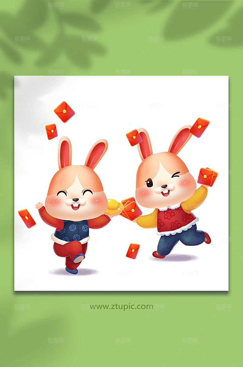 手绘风新年发红包兔年新年插画素材