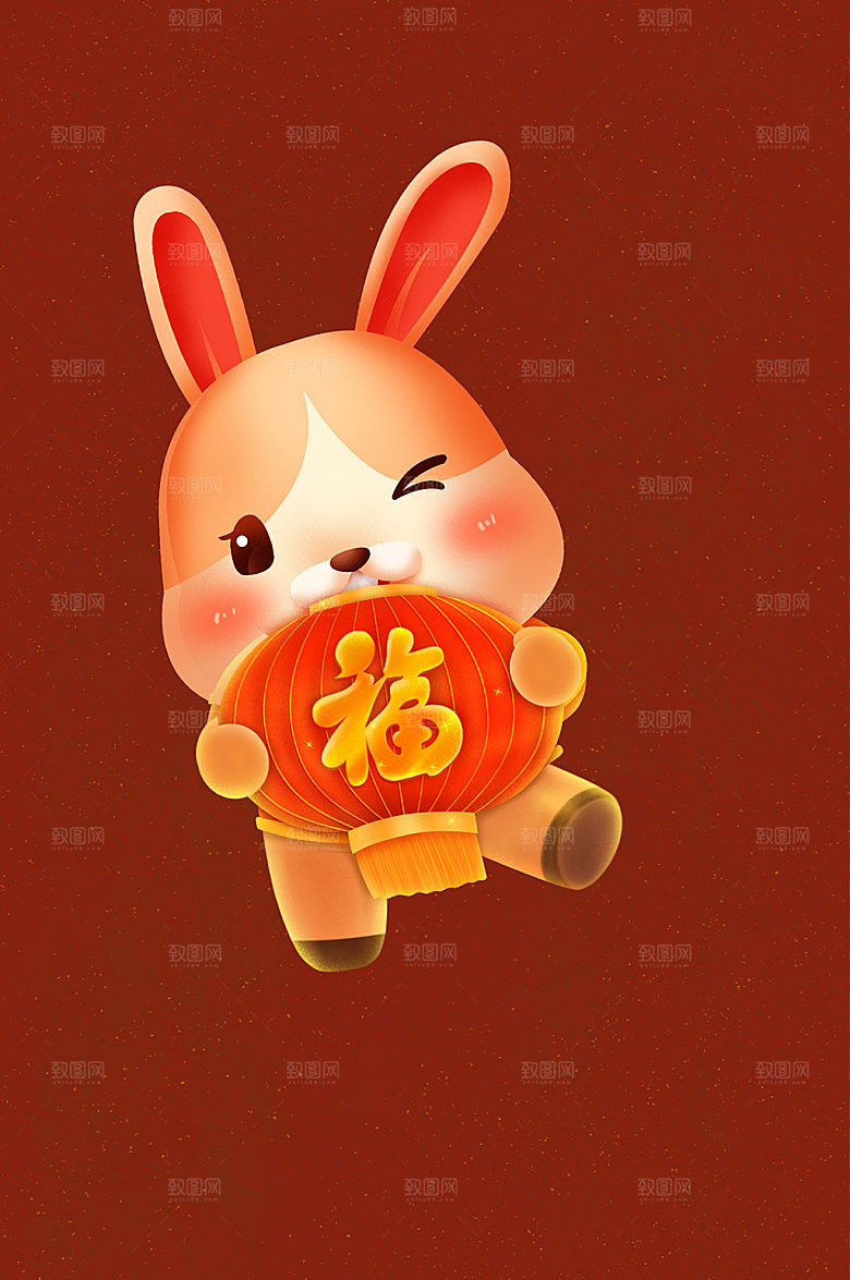 手绘灯笼抱福字灯笼兔年新年插画