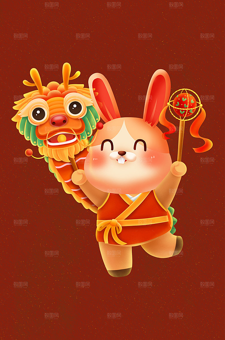 国潮舞龙舞狮闹灯会兔年新年插画元素