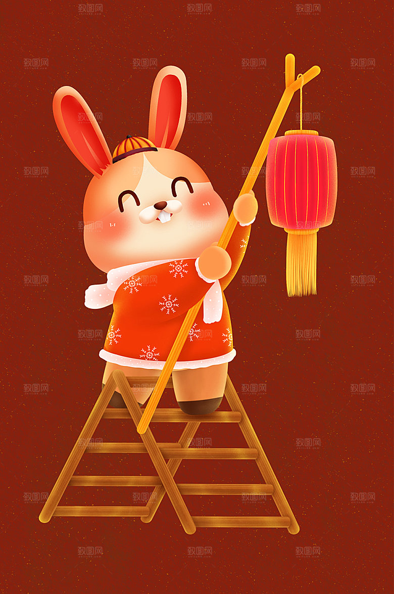 欢乐春节挂灯笼兔年新年插画元素