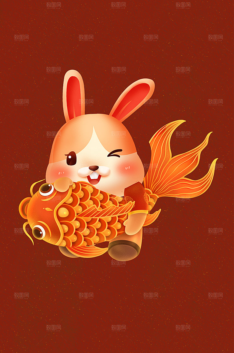 卡通年年有鱼锦鲤兔年新年插画