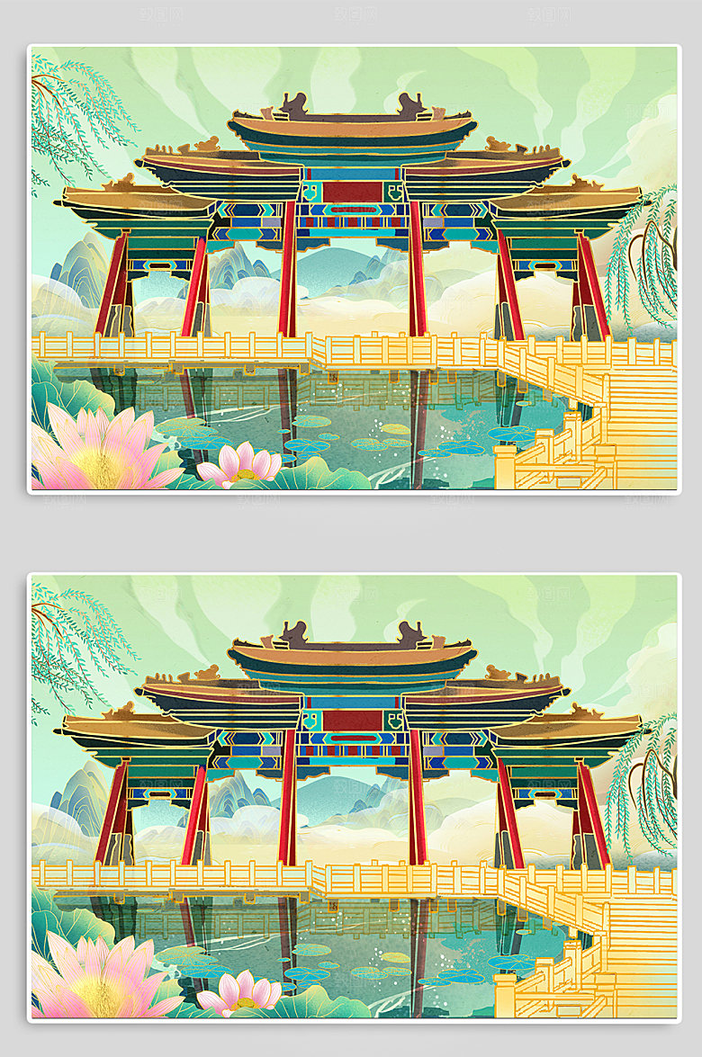 国潮山东大明湖济南地标建筑插画素材