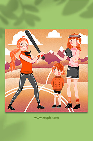 手绘秋游室外休闲棒球运动人物插画素材