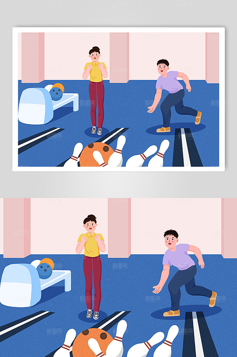 手绘精彩进球保龄球运动人物插画素材