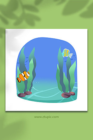 简约海底热带鱼水底背景插画元素