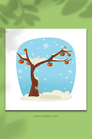 白雪柿子树下雪积雪背景插画元素
