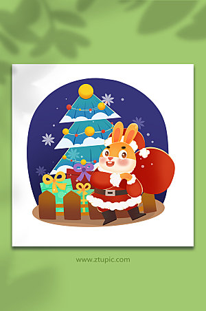 手绘风兔年十二月圣诞树礼物插画元素
