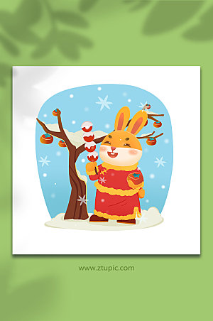 创意兔年下雪柿子树冰糖葫芦插画元素