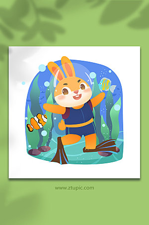 海底兔年八月潜水暑假月历插画严肃