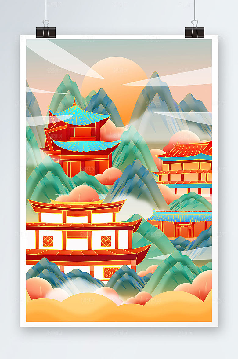 手绘扁平长沙城市地标建筑插画素材