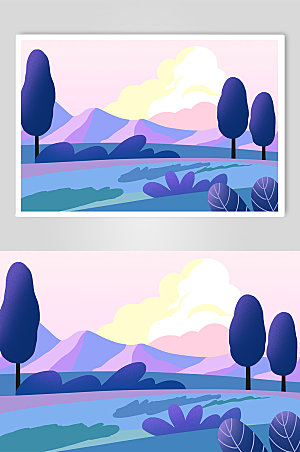 紫色扁平户外风光插画创意背景