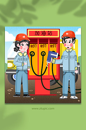 加油工作人员汽车加油站人物插画