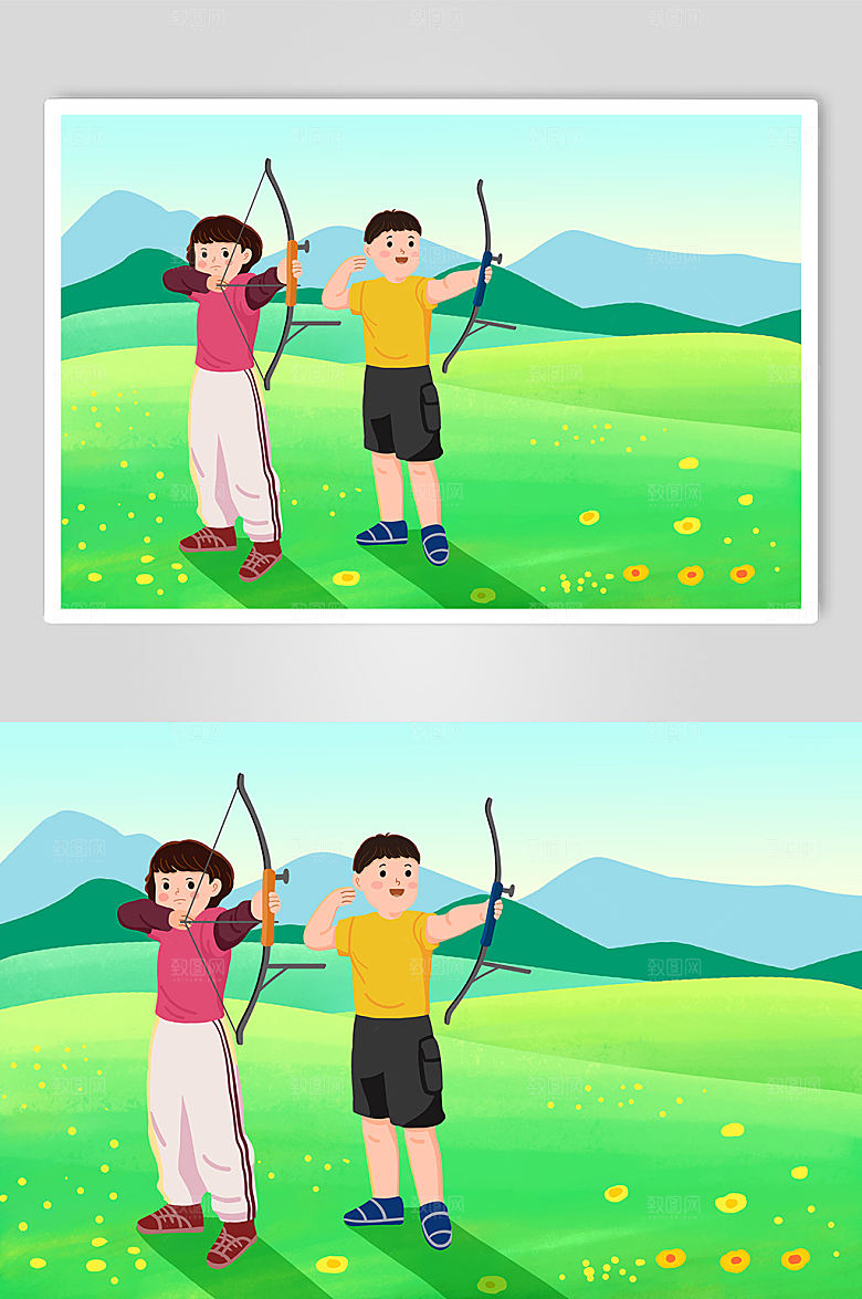 训练青少年射箭运动人物绿色插画
