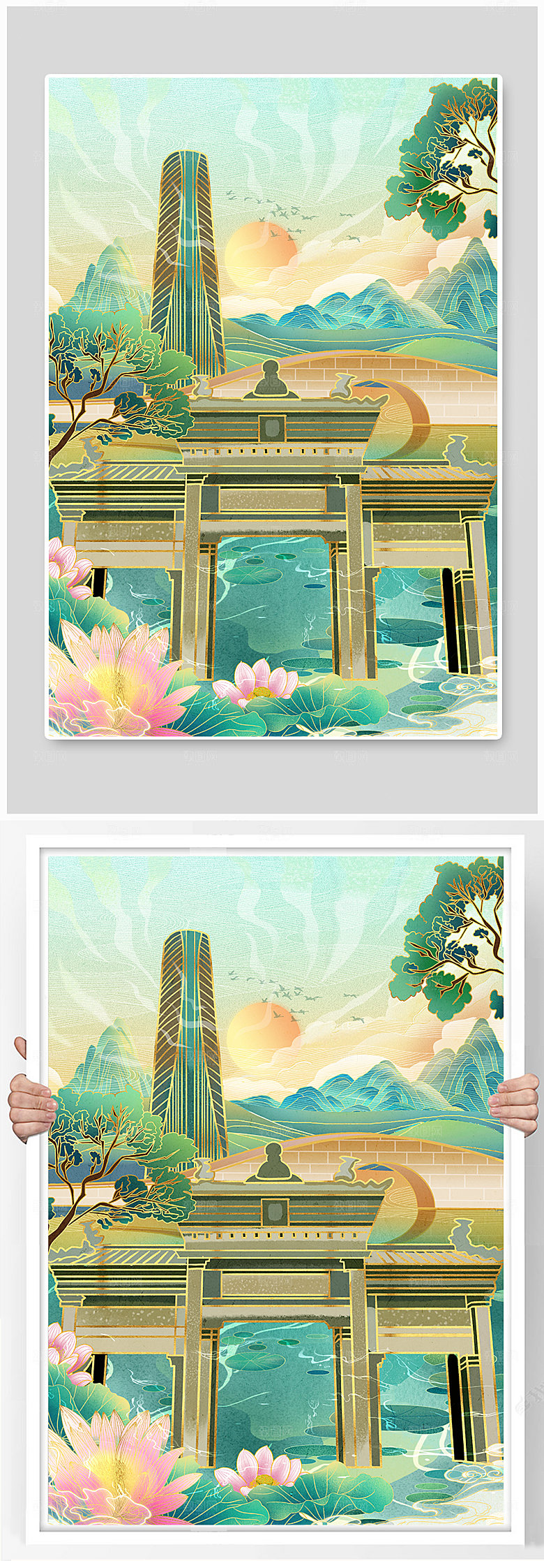 绿色珠海梅溪牌坊珠海国潮插画
