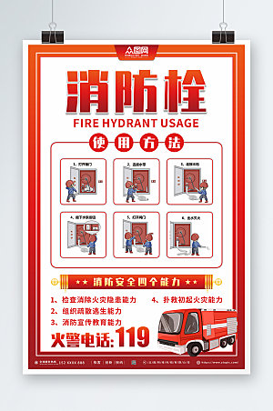 简约消防知识消火栓消防创意海报