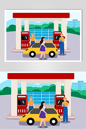 创意加油站汽车加油场景人物插画