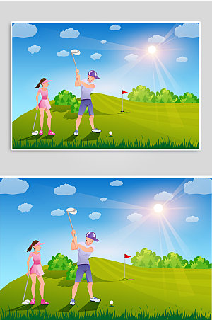 创意双打高尔夫运动人物现代插画