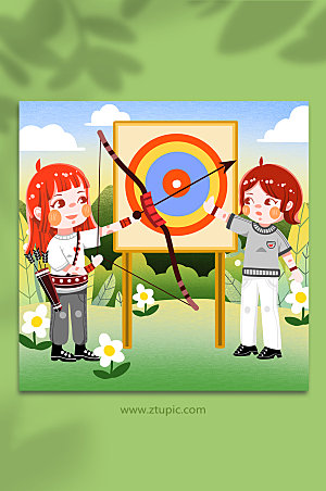 现代运动女孩射箭运动人物创意插画