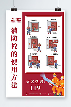 简约红色消火栓消防科普时尚海报