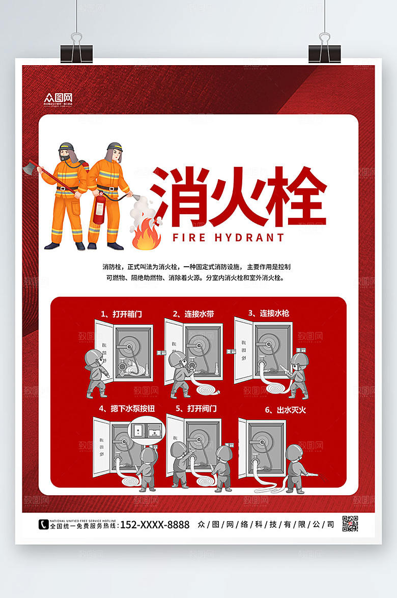 红色消火栓消防栓科普现代海报