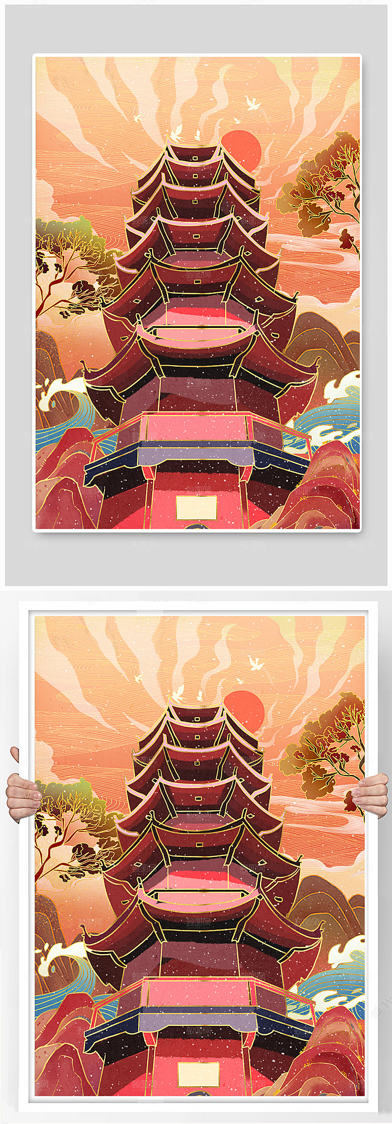 国潮无锡龙光塔地标建筑大气插画