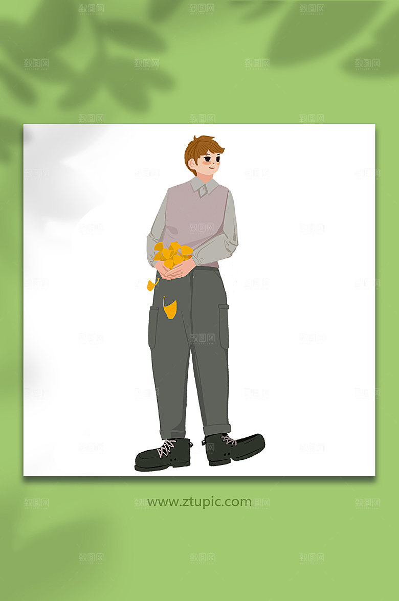 手绘帅气男生秋分节气人物插画元素