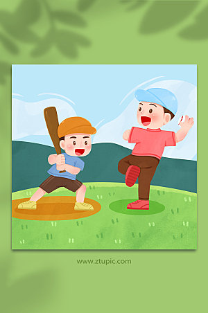 创意野外练习棒球运动人物现代插画