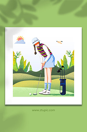 淡雅扁平女孩打高尔夫运动大气插画
