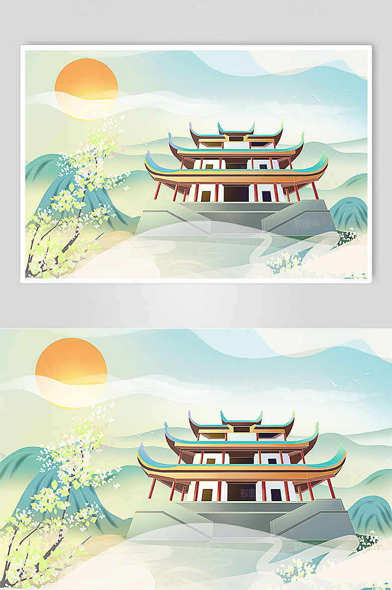 湖南长沙天心阁城市原创绿色插画
