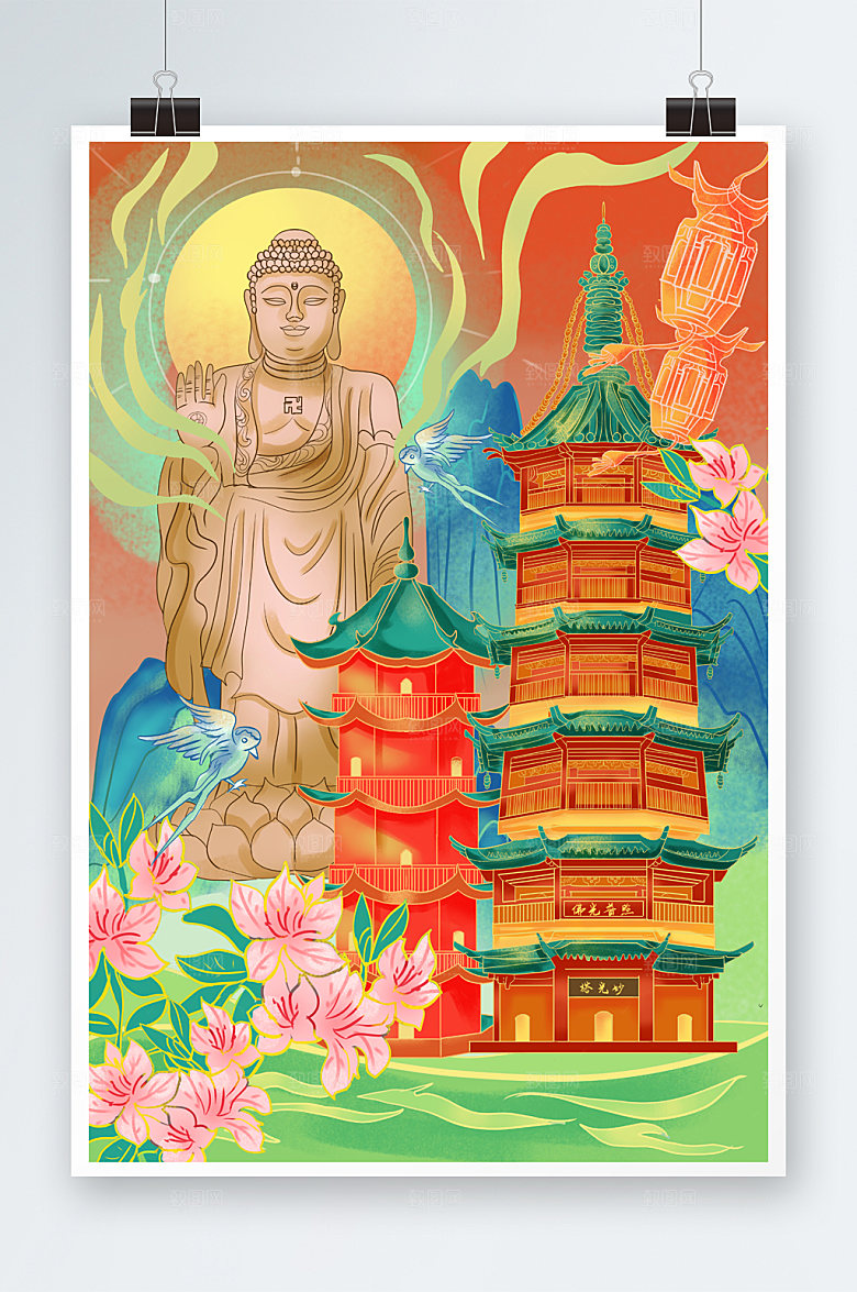 手绘无锡城市地标建筑高端插画