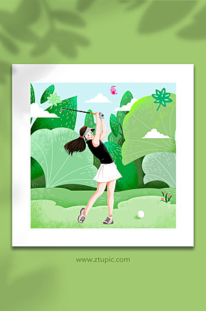 绿色清新运动女孩打高尔夫球插画