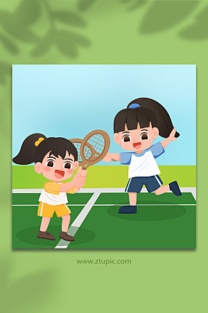 简约卡通少儿网球运动人物创意插画
