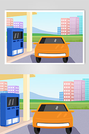 创意汽车加油站场景插画创意背景