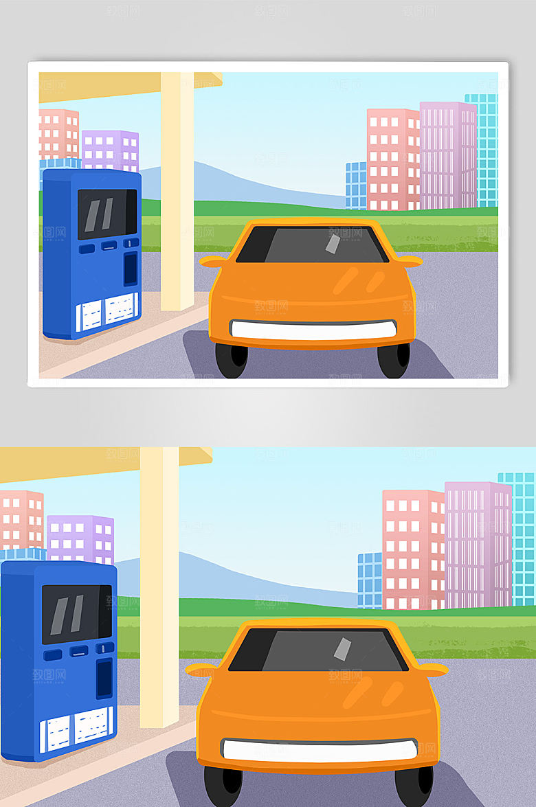 创意汽车加油站场景插画创意背景