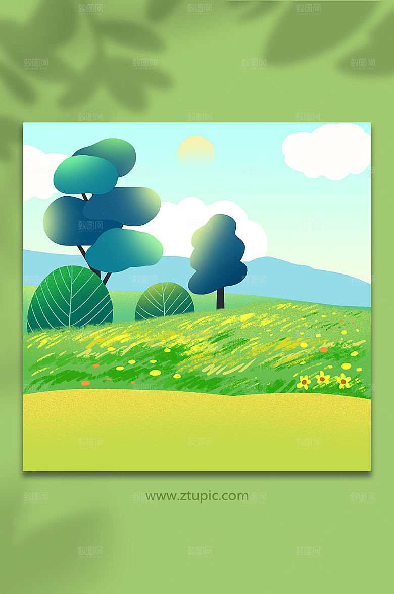 潮流草坪和植物插画现代背景