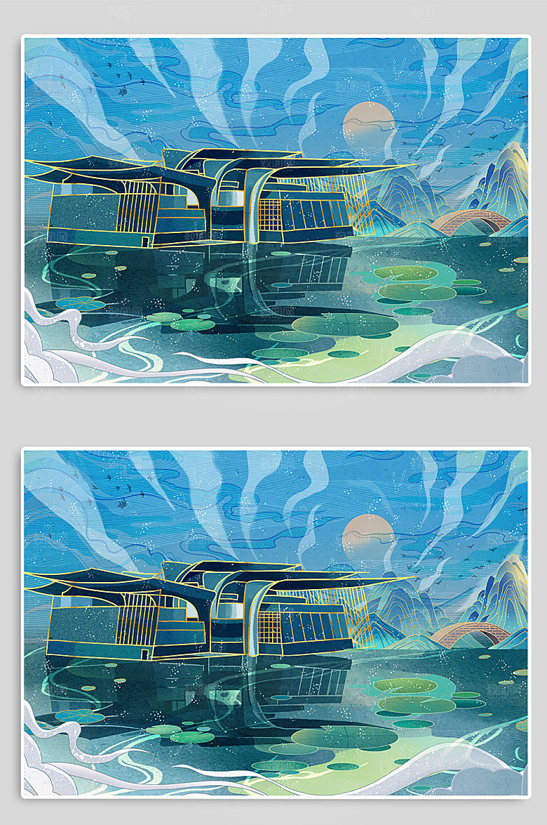 国潮无锡大剧院地标建筑插画