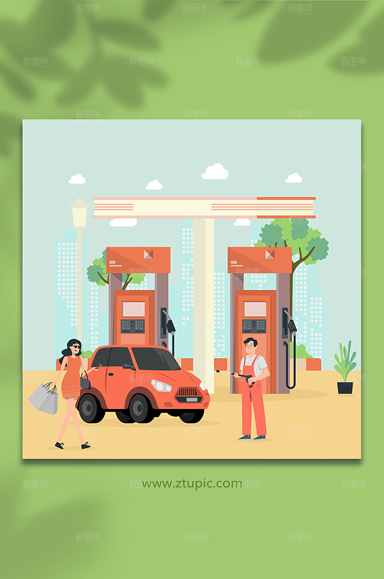 淡雅户外汽车加油站场景时尚插画