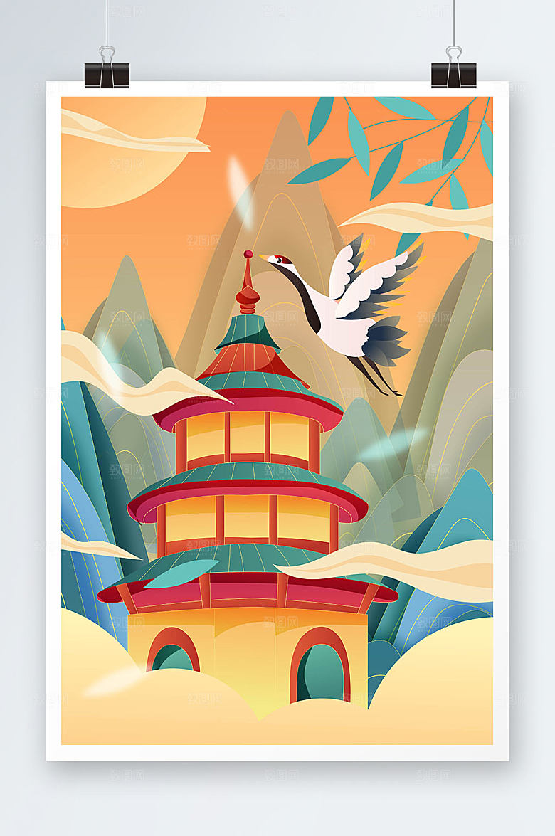 矢量手绘扬州现代地标建筑创意插画