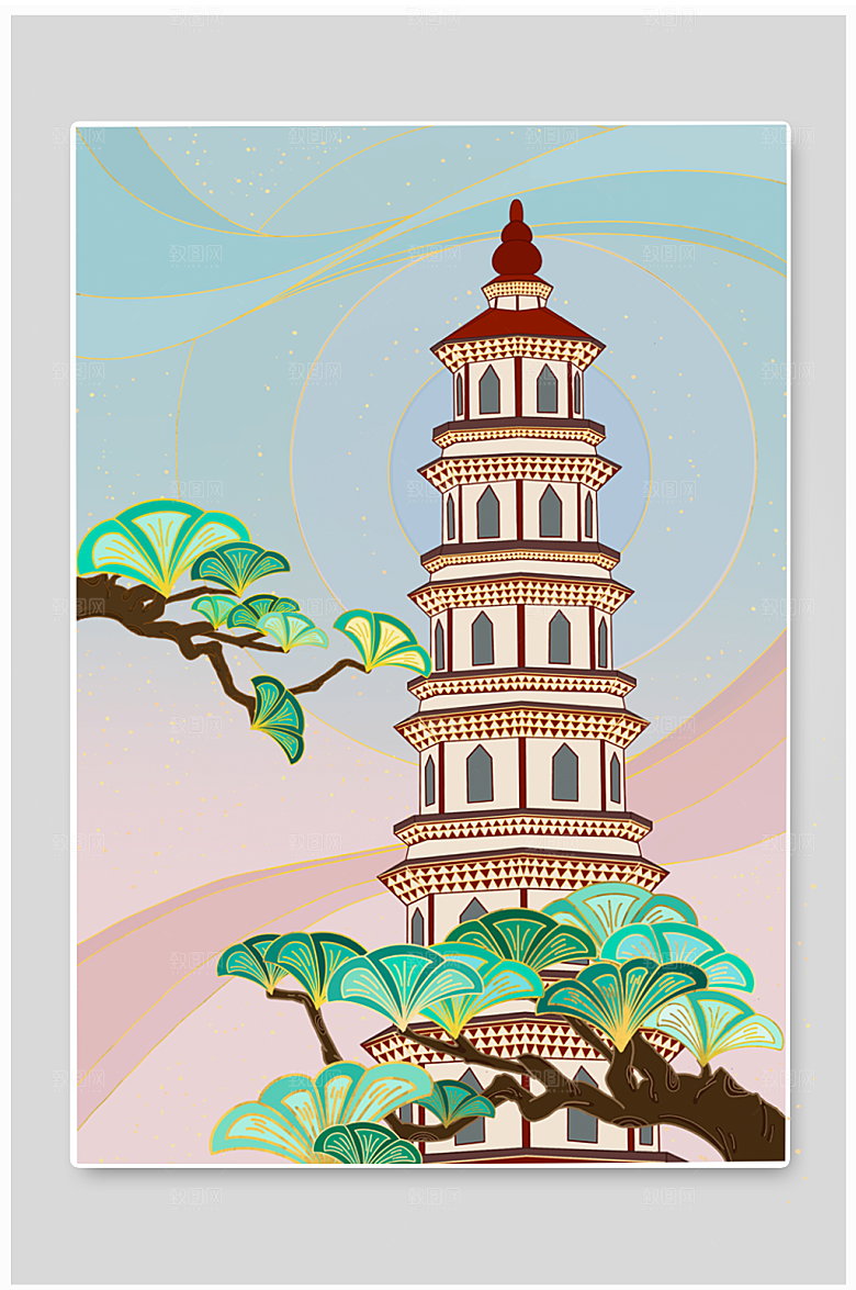 时尚松树与北海合浦文昌塔手绘插画