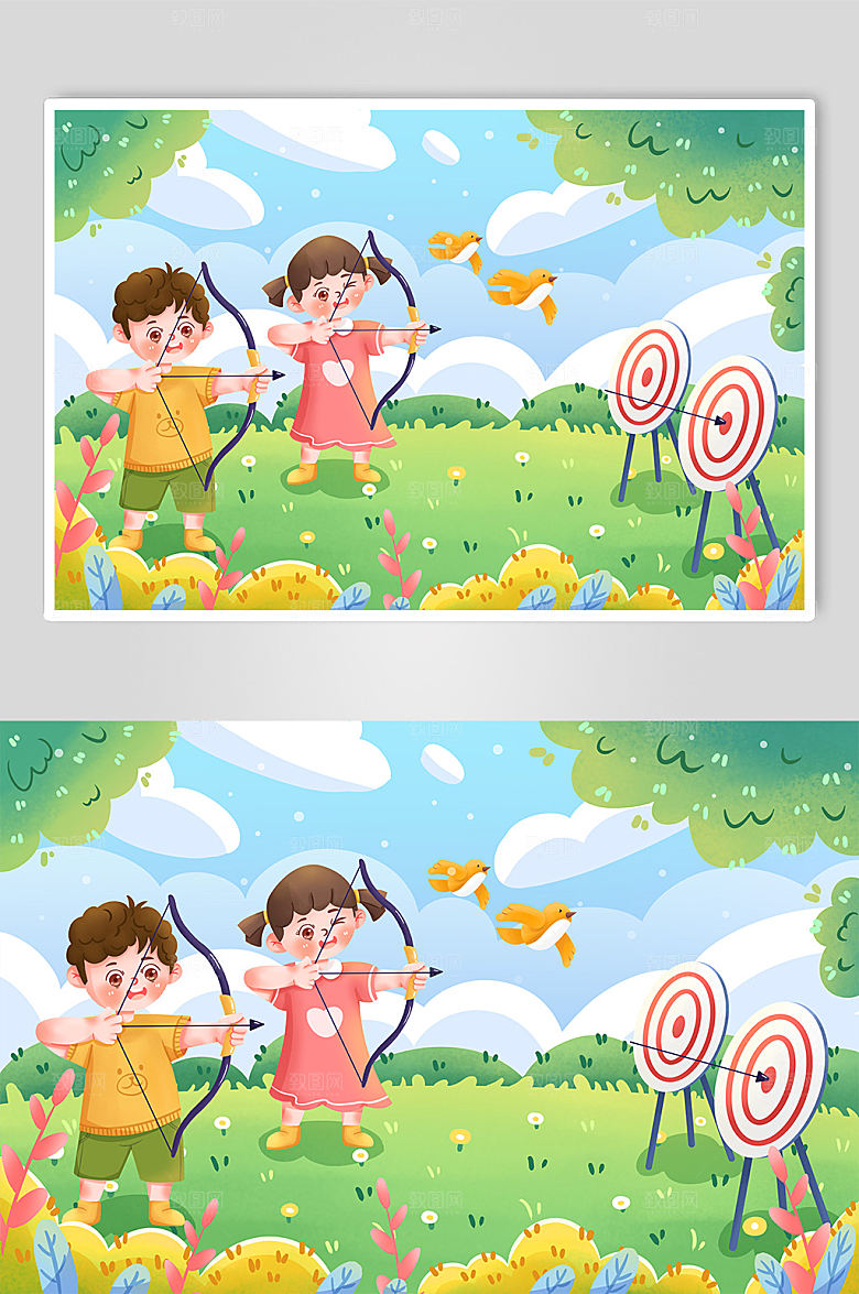 淡雅手绘卡通射箭运动时尚插画