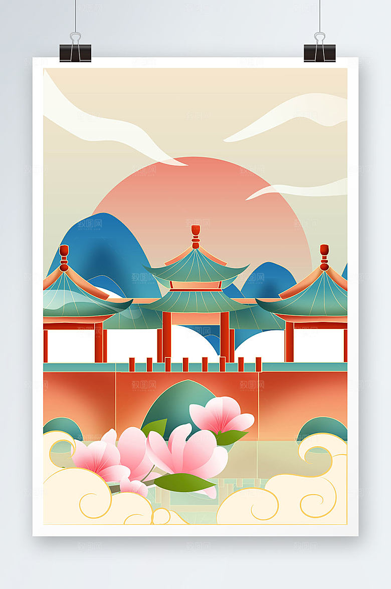 手绘扁平化扬州城市地标时尚插画