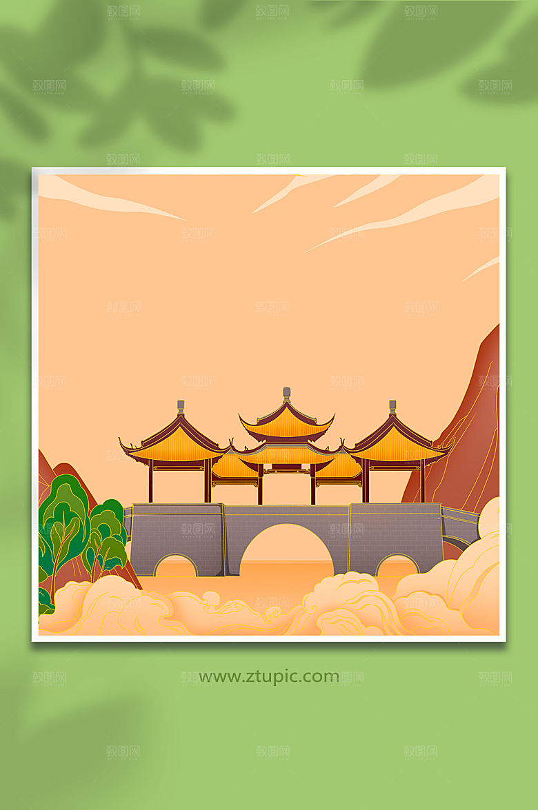 大气扬州地标建筑五亭桥现代插画