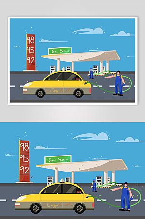 创意出租车汽车加油站人物插画