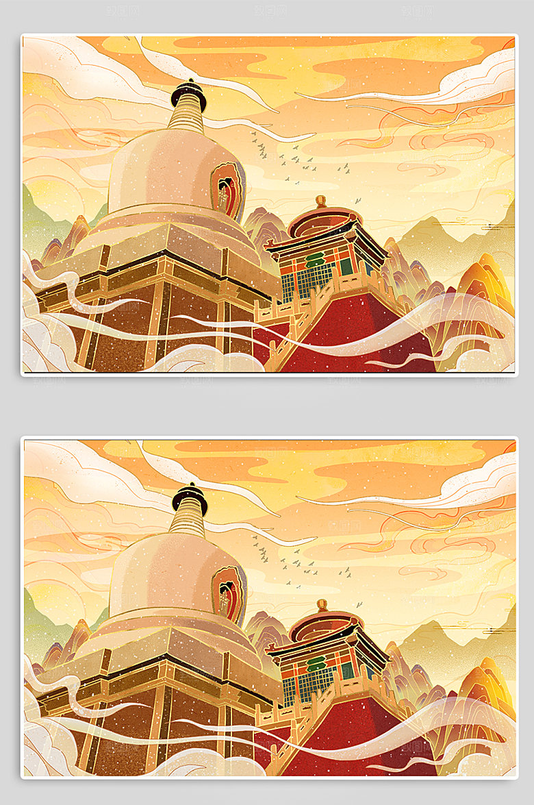 国潮北海白塔北海城市现代插画