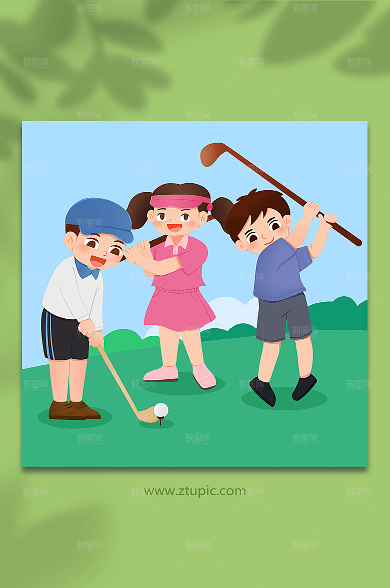 青少年练习高尔夫运动创意插画